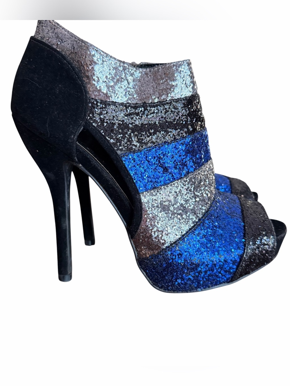 Vintage Y2K Deb Glitter Peep Toe Ankle Booties 5.5” Heel Blue Silver Sz 8.5